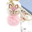 Crystal Fox Charms Real Rabbit Fur Phone Case Straps Pearl Keychain Cony Hairs Balls Car Keychains Alloy Metal Pendant Plush Poms