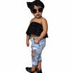 Infant Baby Girls Summer Dot Tube Top Hole Jeans Headband 3pcs Clothes Outfits