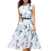 Jewel Neck Sleeveless Floral Print A Line Belted Dress
