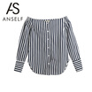 Women Striped Shirt Off the Shoulder Top Cotton Long Sleeve Female Blouse Top Dark Blue