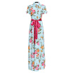 Trendy Shirt Collar Short Sleeve Floral Print Tie Maxi Dress for Women