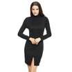 New Korean Women Dress Turtle Neck Long Sleeve Split Design Slim OL Lady Bodycon Knit Dress