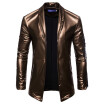 Solid Color Lapel Collar Long Sleeve Mens PU Jacket