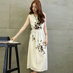Silk cypress summer sleeveless vest skirt ink ink ink printing retro temperament waist dress long paragraph S62X0006A16M light gray M