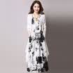 Fu Bixian FUBIXIAN casual printing Slim long-sleeved dress cotton&linen two suit skirt Q8879 black ink XXL