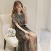 sustory women&39s 2017 summer section round neck net yarn dress skirt Korean short-sleeved t-shirt half skirt casual two-piece long female dress SU161 silver gray M