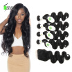 Brazilian Virgin Hair With Closure 4"x4 " Lace Closure With Bundles 4 Bundles Brazilian Body Wave With Closure Human Hair Weave