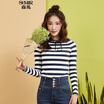 Semir Knitwear Female 2017 Fall Slim Shirt Sweet Stretch Striped Stretch 12316010201 Blue&White Tone M