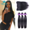 Brazilian Straight Virgin Hair 3 Bundles Wefts with 13X4 Ear to Ear Lace Frontal Closure Human Hair Extensions Natural Color