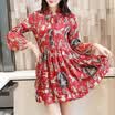 Long Yue Women&39s temperament high waist printing dress trumpet sleeve collar high waist skirt LWQZ173405 red L
