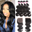 Fine Plus Brazilian Virgin Hair Weave Body Wave 4 Bundles with 4×4 Free Part Closure Unprocessed Virgin Human Hair Natural Color