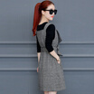 Fort Sheng 2017 new women autumn&winter temperament long-sleeved A word dress plaid strap suit skirt two-piece zx1783007 black&white grid M