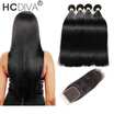 HCDIVA Straight Human Hair Bundle with Closure Peruvian Virgin Hair 4 Bundle Hair with Closure Free part Middle Part Three Par