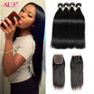 4 Bundle Straight Hair with Lace Closure With Baby Hair Natural black Soft&Full Good Quality Alot Human Brazilian Virgin Hair
