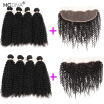 HCDIVA Malaysian Virgin Human Hair 4 Bundles Deal with Frontal Kinky Curly Hair Weaves with Frontal Ear to Ear Natural Black