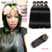 HCDIVA Straight Hair 4 Bundles with Closure Brazilian Virgin Human Hair Bundle with Closures Three part Natural Black