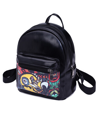 Women PU Leather Backpack Doodle Print Zipper Adjustable Strap Casual School Travel Bag Black