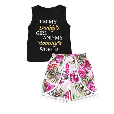 Baby Girls Casual Sleeveless Letters Summer Print Tops Vest With Flower Shorts Outfits Set
