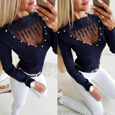 Fashion Women sexy low-cut solid color slim long-sleeved white beads lace sweater top Pullover
Fashion Women sexy low-cut solid color slim long-sleeved white beads lace sweater top Pullover