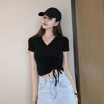 Women Summer V-neck Solid Color Slim Short Sleeve Casual T-Shirt Simple Drawstring Wild Short Tops
Women Summer V-neck Solid Color Slim Short Sleeve Casual T-Shirt Simple Drawstring Wild Short Tops