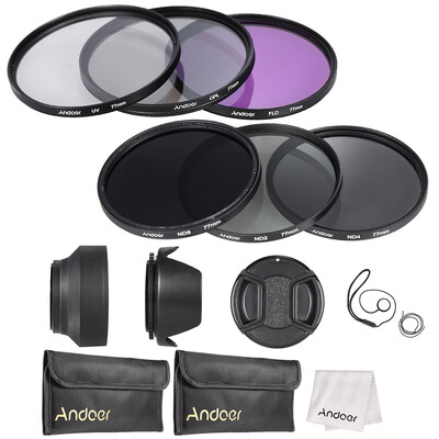 Andoer 77mm Lens Filter Kit UVCPLFLDNDND2 ND4 ND8 with Carry Pouch Lens Cap Lens Cap Holder Tulip & Rubber Lens Hoods
Andoer 77mm Lens Filter Kit UVCPLFLDNDND2 ND4 ND8 with Carry Pouch Lens Cap Lens Cap Holder Tulip & Rubber Lens Hoods