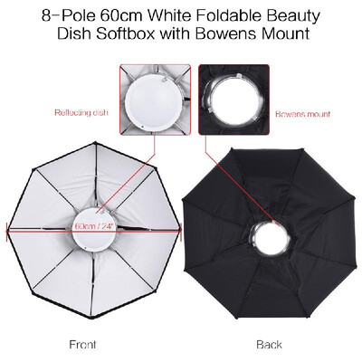 8-Pole 60cm White Foldable Beauty Dish Softbox with Bowens Mount for Studio Strobe Flash Light
8-Pole 60cm White Foldable Beauty Dish Softbox with Bowens Mount for Studio Strobe Flash Light