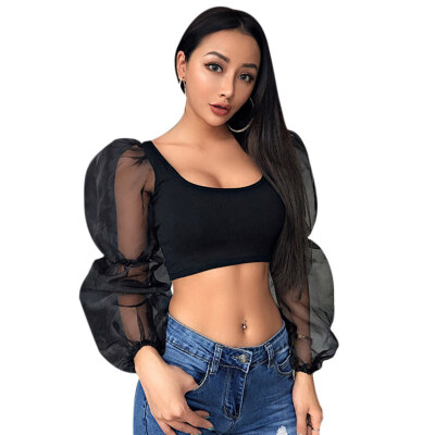 Summer mesh stitching long-sleeved vest women U-neck exposed umbilical rubber sleeves shirt
Summer mesh stitching long-sleeved vest women U-neck exposed umbilical rubber sleeves shirt