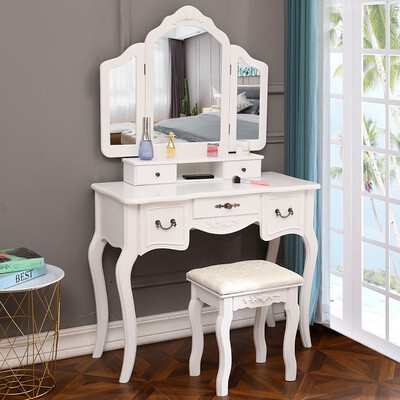 Tri-Folding Mirror Vanity Set 5 Drawers Dressing Table Makeup Desk with StoolWhite
Tri-Folding Mirror Vanity Set 5 Drawers Dressing Table Makeup Desk with StoolWhite