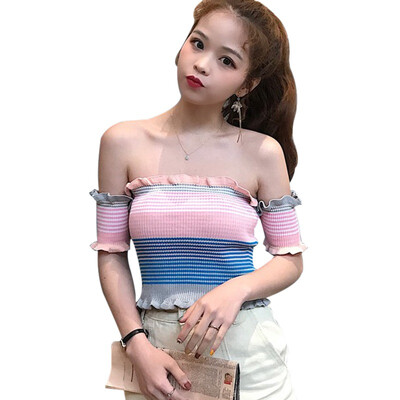 Summer Sexy Ruffles Striped Slash Neck Cropped T-shirts Women Short Sleeve Knitted Casual Tee Women Crop Tops For Girls
Summer Sexy Ruffles Striped Slash Neck Cropped T-shirts Women Short Sleeve Knitted Casual Tee Women Crop Tops For Girls