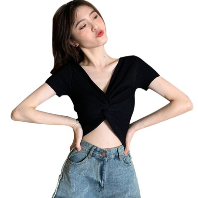 Summer Short Sleeve Crisscross Knitted Crop Top Women Casual V Neck Solid T Shirt Women Slim Tops Camisetas Mujer
Summer Short Sleeve Crisscross Knitted Crop Top Women Casual V Neck Solid T Shirt Women Slim Tops Camisetas Mujer
