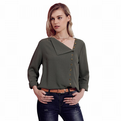 Solid color lapel asymmetric button long sleeve casual white collar blouse top
Solid color lapel asymmetric button long sleeve casual white collar blouse top