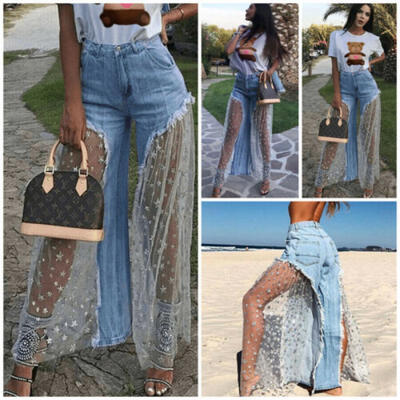 US Womens Denim Jeans Destroyed Split Joint Lace Tulle High Waist Pants Trousers
US Womens Denim Jeans Destroyed Split Joint Lace Tulle High Waist Pants Trousers