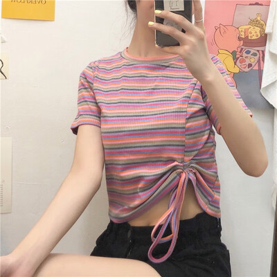 Novel Design Drawstring Womens T-Shirt Summer Fashion O Neck Striped Short Sleeve T Shirt Sexy Knitted Slim Pullover Tee Tops
Novel Design Drawstring Womens T-Shirt Summer Fashion O Neck Striped Short Sleeve T Shirt Sexy Knitted Slim Pullover Tee Tops