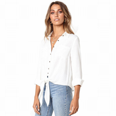 Solid color POLO collar single-breasted long-sleeved knotted casual white-collar blouse top
Solid color POLO collar single-breasted long-sleeved knotted casual white-collar blouse top