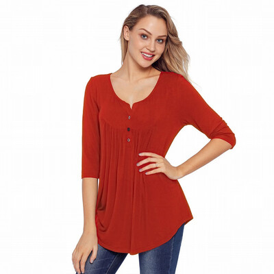 Solid color V-neck button seven-point sleeve Slim womens T-shirt casual fashion shirt
Solid color V-neck button seven-point sleeve Slim womens T-shirt casual fashion shirt