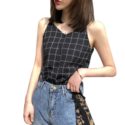 Women Summer V Neck Plaid Tops Women Sleeveless Button Beach Casual Tank Tops Vest Female Sexy Strap Chiffon Tops
Women Summer V Neck Plaid Tops Women Sleeveless Button Beach Casual Tank Tops Vest Female Sexy Strap Chiffon Tops