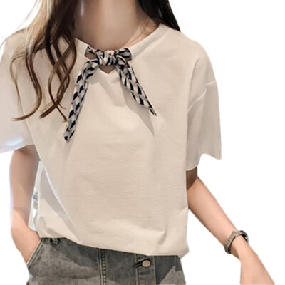 Women Lingge Tie Bow Round Collar Summer Solid Color Loose Short Sleeve Casual Simple Wild T-Shirt
Women Lingge Tie Bow Round Collar Summer Solid Color Loose Short Sleeve Casual Simple Wild T-Shirt
