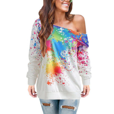 Color Splash Ink T-Shirt Female Oblique Shoulder Spray Paint Fashion Simple Casual Wild Wild Autumn New Yards Sufficient
Color Splash Ink T-Shirt Female Oblique Shoulder Spray Paint Fashion Simple Casual Wild Wild Autumn New Yards Sufficient