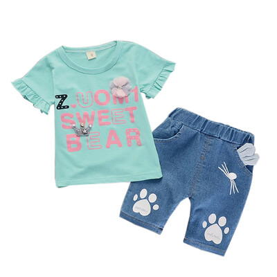 Summer Baby Girls Short Sleeve Floral Letter Print T-shirt TopsCat Paws Denim Shorts Suits Casual Outfits Sets
Summer Baby Girls Short Sleeve Floral Letter Print T-shirt TopsCat Paws Denim Shorts Suits Casual Outfits Sets