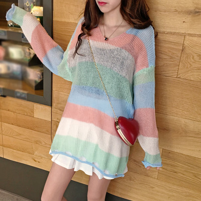 Fashion Wild Sweater Women Autumn Winter Rainbow Stripes Print Slim Long Sleeved Round Collar Slim Bottom Knit Sweater Female
Fashion Wild Sweater Women Autumn Winter Rainbow Stripes Print Slim Long Sleeved Round Collar Slim Bottom Knit Sweater Female