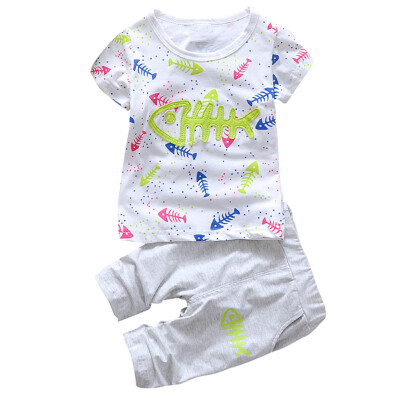 

MyMei 2016 Baby Summer Suit Tracksuit Casual Fashion Printing Children Fish Bone Short Sleeve Shorts Two-piece