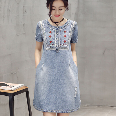 2017 Summer Denim Dress Sweet Joker Round Neck Short Sleeve Large Size Loose Bag Hip Skirt S62A0675A507M Denim Blue
2017 Summer Denim Dress Sweet Joker Round Neck Short Sleeve Large Size Loose Bag Hip Skirt S62A0675A507M Denim Blue
