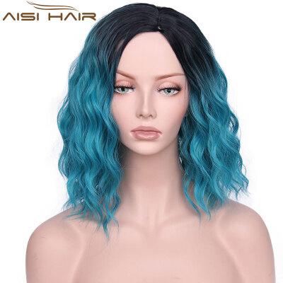 

AISI HAIR Synthetic Ombre Red Blue Pink Wig for Black Women's 14"Long Water Wave False Hair