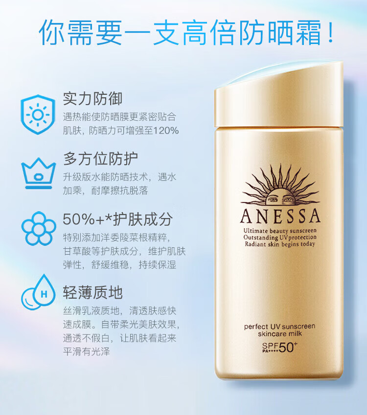 安热沙（ANESSA）防晒霜小金瓶防晒乳90ml防水隔离防晒霜SPF50+ 【小金瓶防晒乳90ml】