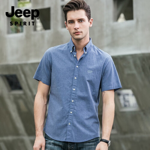 吉普JEEP 短袖衬衫男士夏季青年纯色衬衣修身2019新品商务休闲正装简约潮流 牛仔蓝色 2XL-建议160-180斤