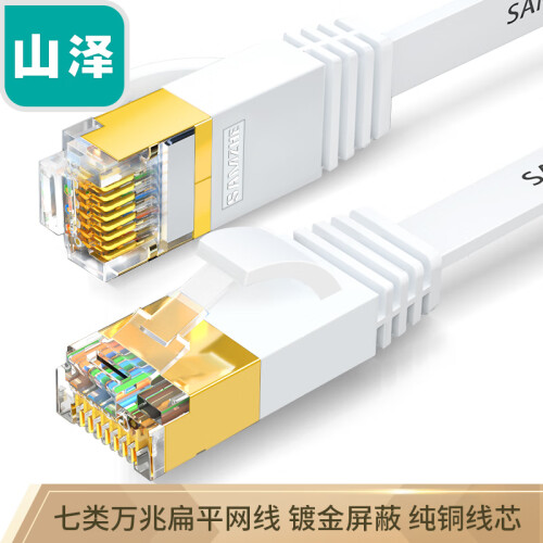 山泽(SAMZHE)七类网线 CAT7类扁平纯铜屏蔽工程网线 万兆电脑宽带家用成品跳线 扁线 白色10米CAT-710A