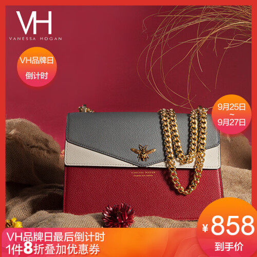 VH女包单肩包2019新品真皮奢侈品礼物女友明星同款时尚轻奢链条包情人节礼物小方包女士背包 酒红色