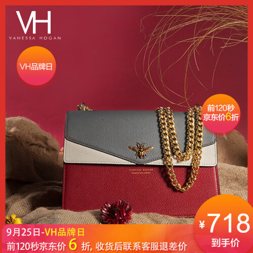 VH女包单肩包2019新品真皮奢侈品礼物女友明星同款时尚轻奢链条包情人节礼物小方包女士背包 酒红色