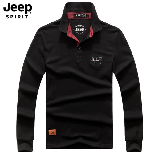 JEEP 吉普旗舰店长袖t恤男士2019秋季新款衣服青年翻领体恤POLO衫商务休闲男装爸爸装打底衫潮 黑色 XL