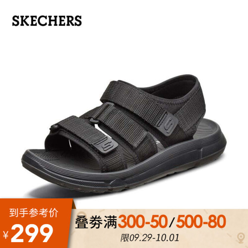 Skechers斯凯奇运动休闲鞋男 2019年夏季露趾沙滩鞋三段式搭带湿水易干型男士凉鞋 66024 黑色/BLK 39.5